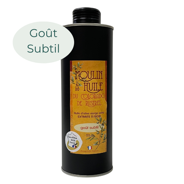 Bidon en inox noir 50cl d’huile d’olive aux olives mûres du Moulin de Rustrel