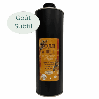 Bidon en inox noir 1 litre d’huile d’olive aux olives mûres du Moulin de Rustrel