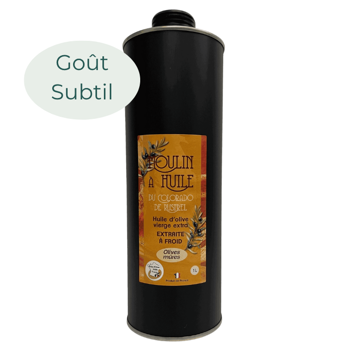 Bidon en inox noir 1 litre d’huile d’olive aux olives mûres du Moulin de Rustrel