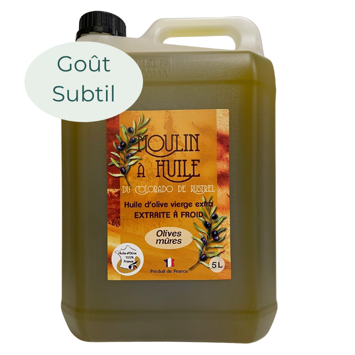 Bidon plastique de 5 litres d’huile d’olive aux olives mûres du Moulin de Rustrel