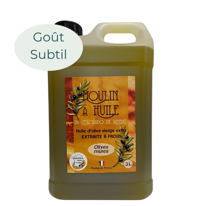 Bidon plastique de 3 litres d’huile d’olive aux olives mûres du Moulin de Rustrel