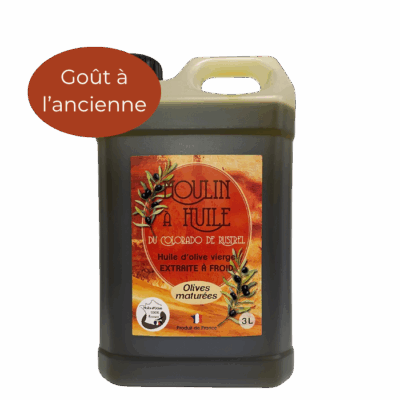 Bidon plastique de 3 litres d’huile d’olive aux olives maturées du Moulin de Rustrel