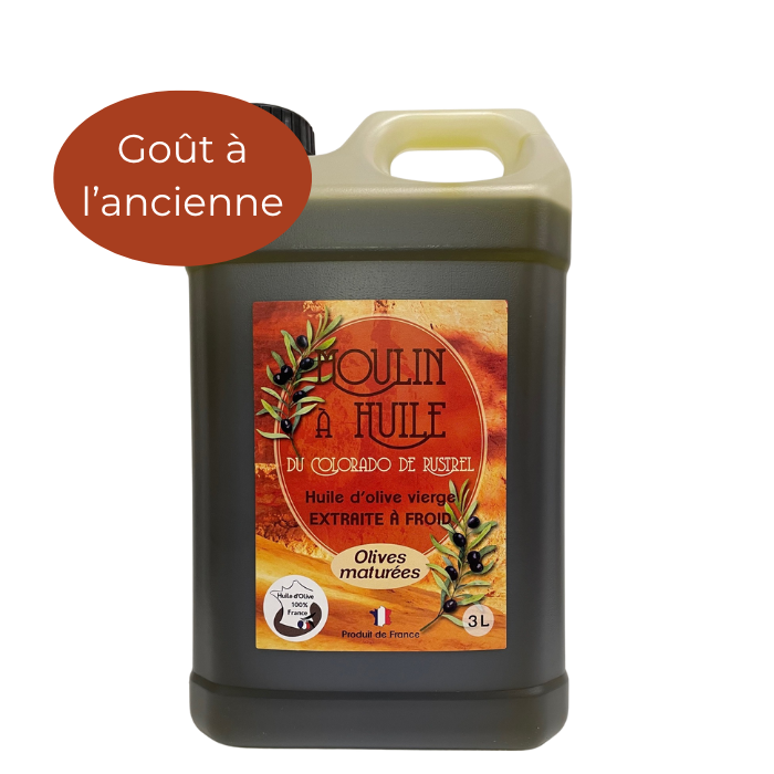Bidon plastique de 3 litres d’huile d’olive aux olives maturées du Moulin de Rustrel