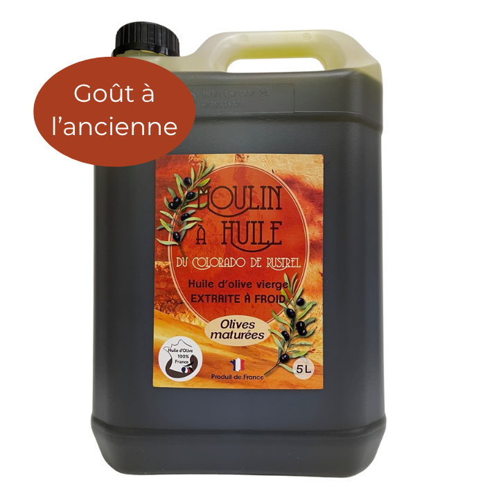Bidon plastique de 5 litres d’huile d’olive aux olives maturées du Moulin de Rustrel
