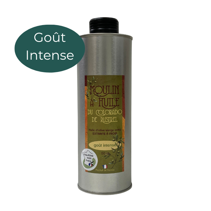 Bidon en acier de 50cl d’huile d’olive vierge extra au goût intense, élaborée à partir d’olives récoltées à maturité – idéale pour sublimer les plats avec caractère.