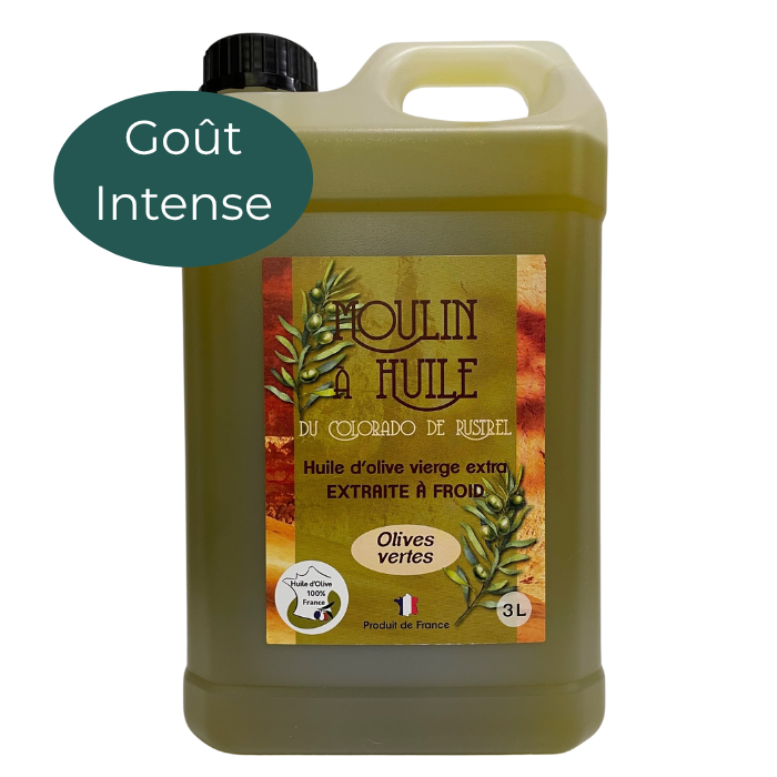 Bidon en plastique de 3 litres d’huile d’olive aux olives vertes du Moulin de Rustrel