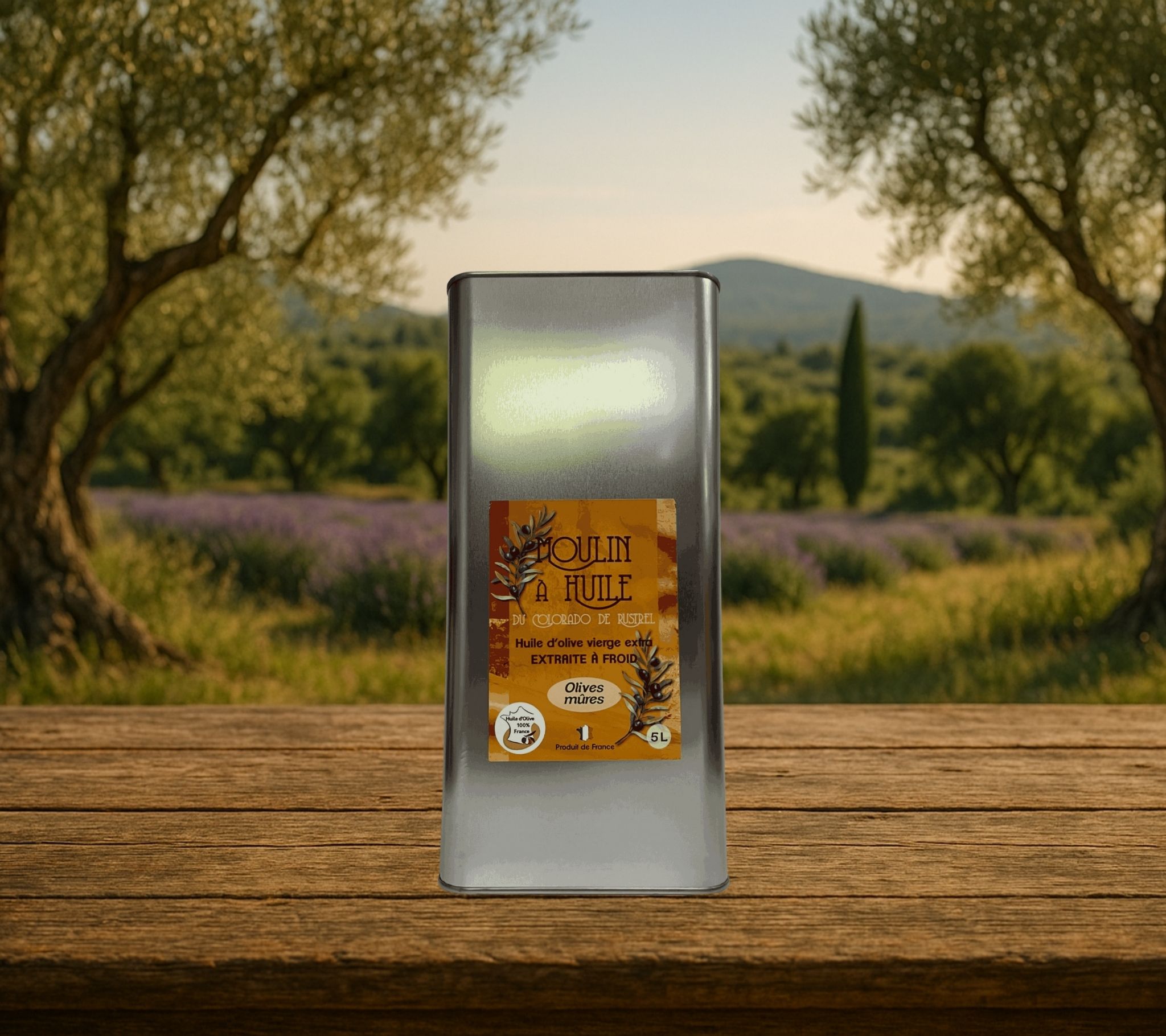 Bidon en acier de 5 litres d’huile d’olive aux olives vertes du Moulin de Rustrel