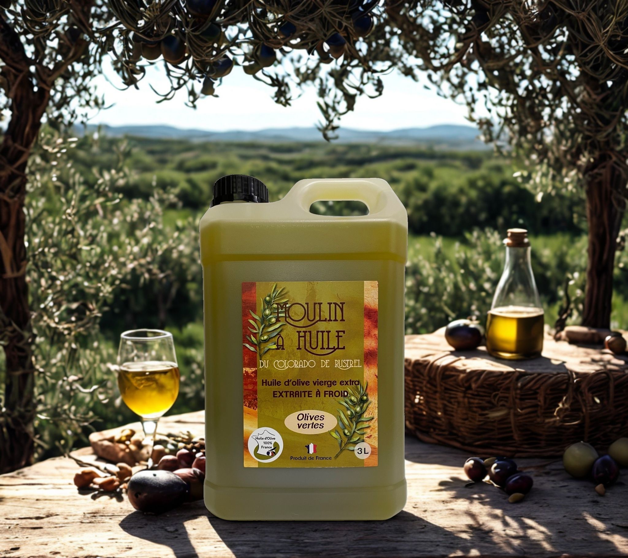 Bidon plastique 3 litres d’huile d’olive aux olives vertes du Moulin de Rustrel sur une table avec fond provençal