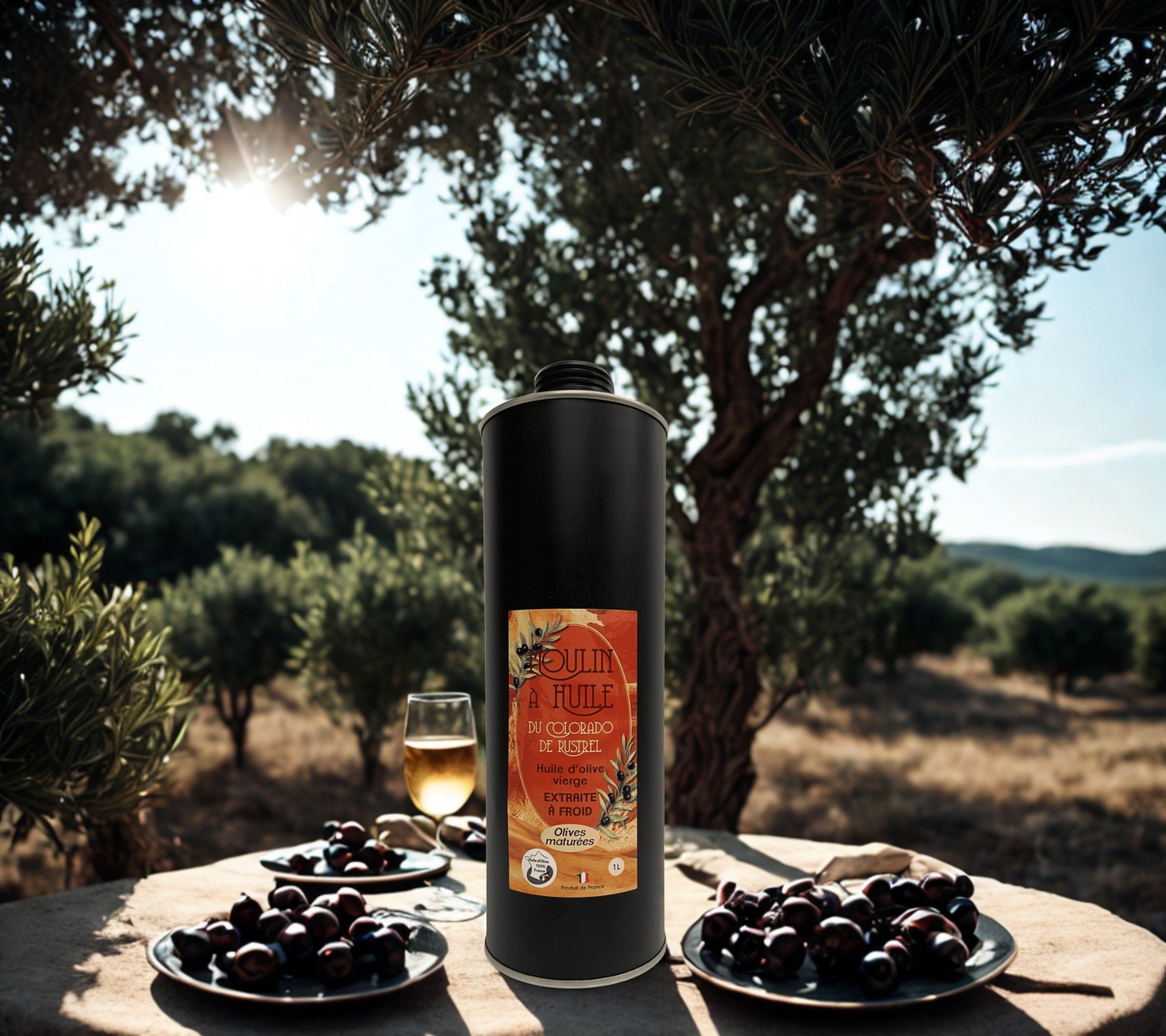 Bidon inox noir 1 litre d’huile d’olive aux olives mûres du Moulin de Rustrel, posé sur table avec vue sur le Luberon