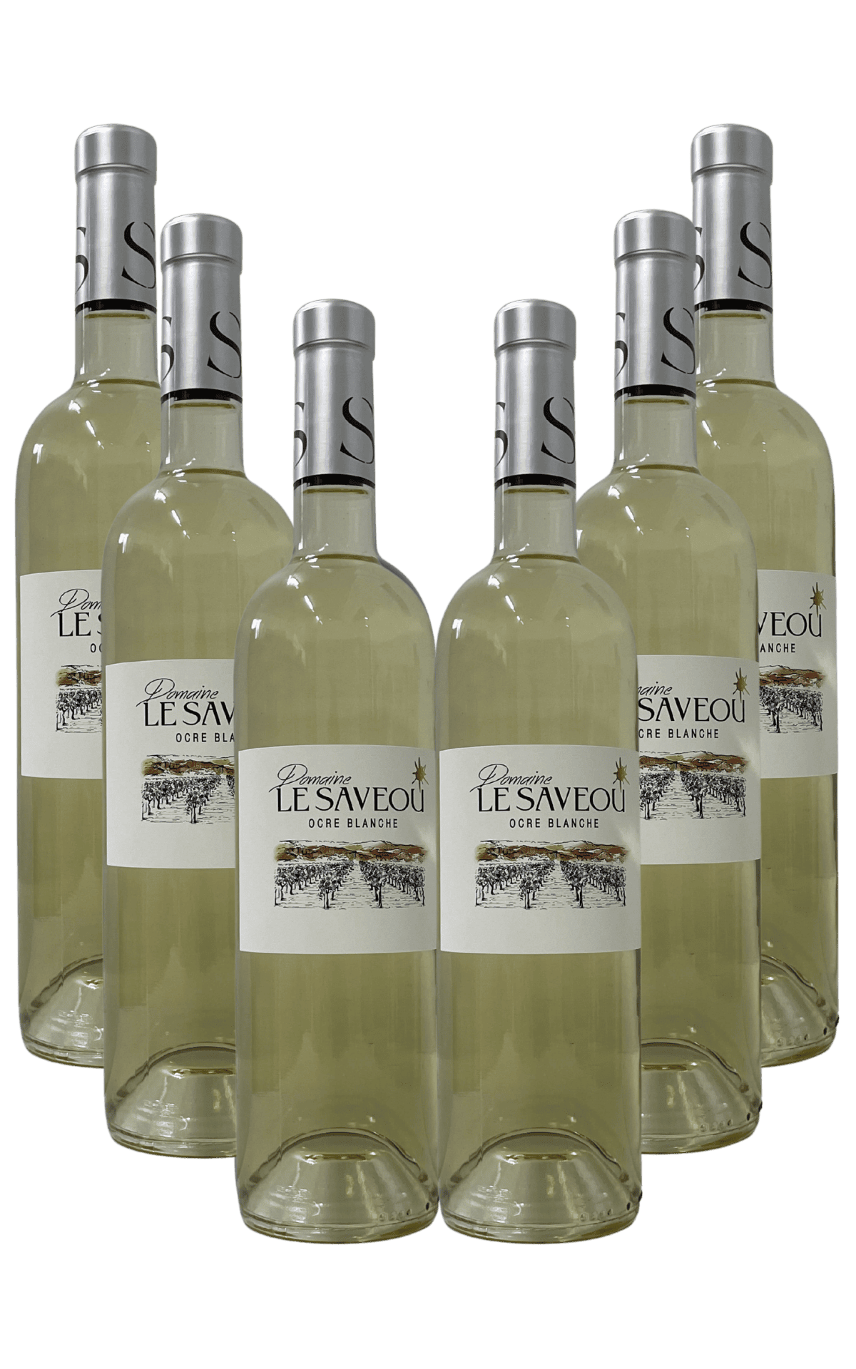 Pack de six bouteilles de vin blanc Le Saveou ocre blanche sur fond blanc