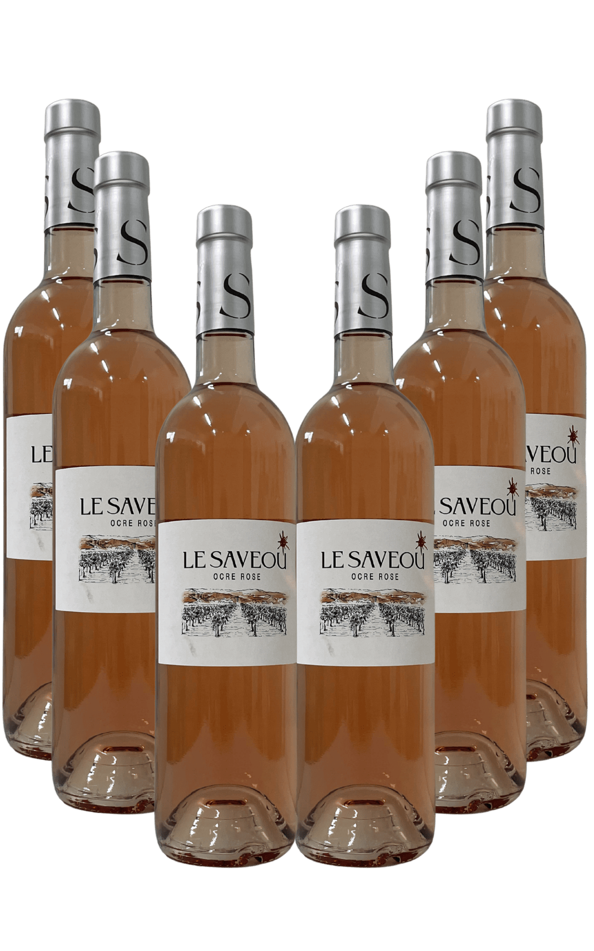 Pack de six bouteilles de vin rosé Le Saveou ocre rosé alignées sur fond blanc