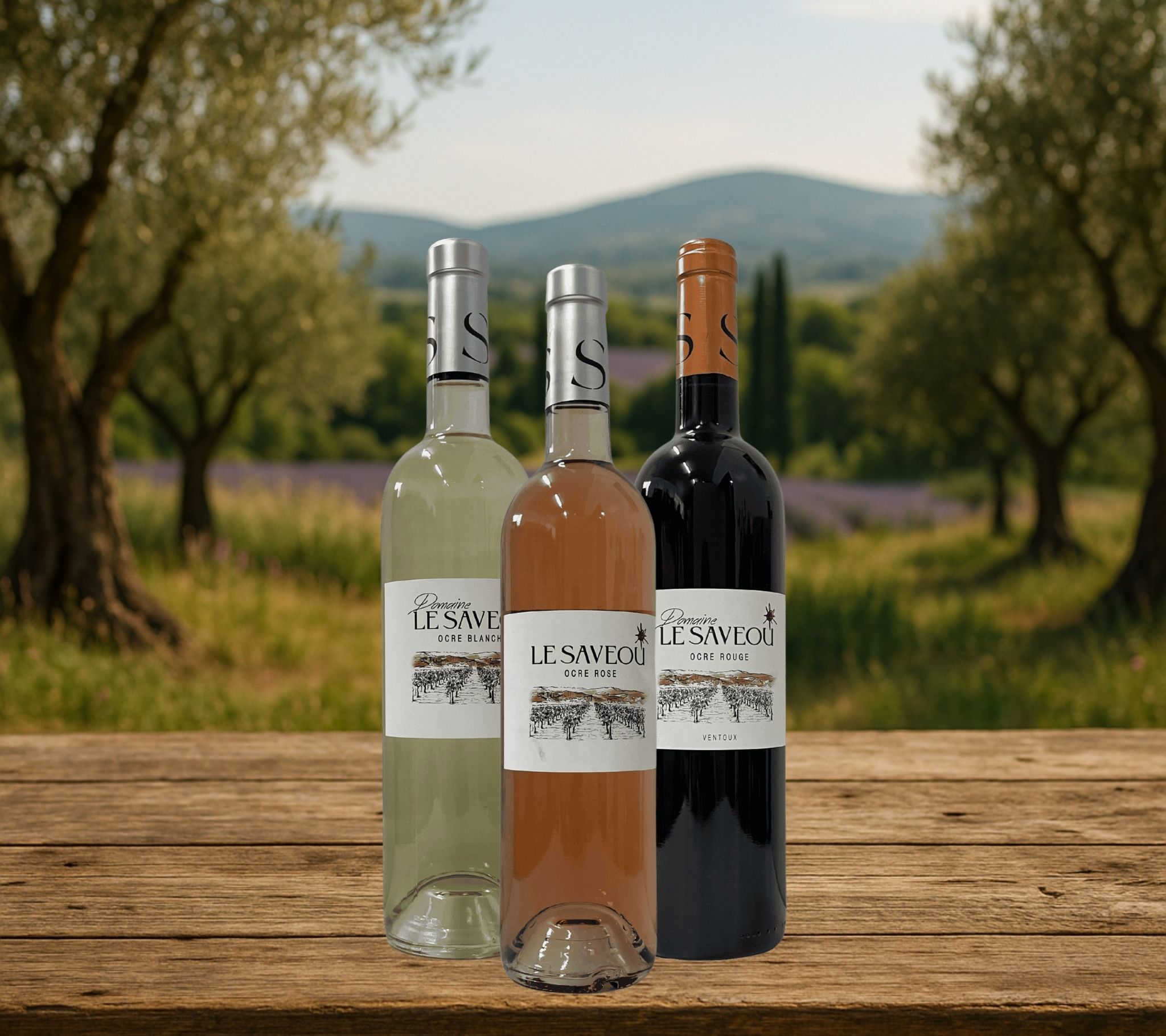 Pack de trois bouteilles de vin Saveou : ocre rouge, ocre rosé et ocre blanche, alignées sur fond blanc