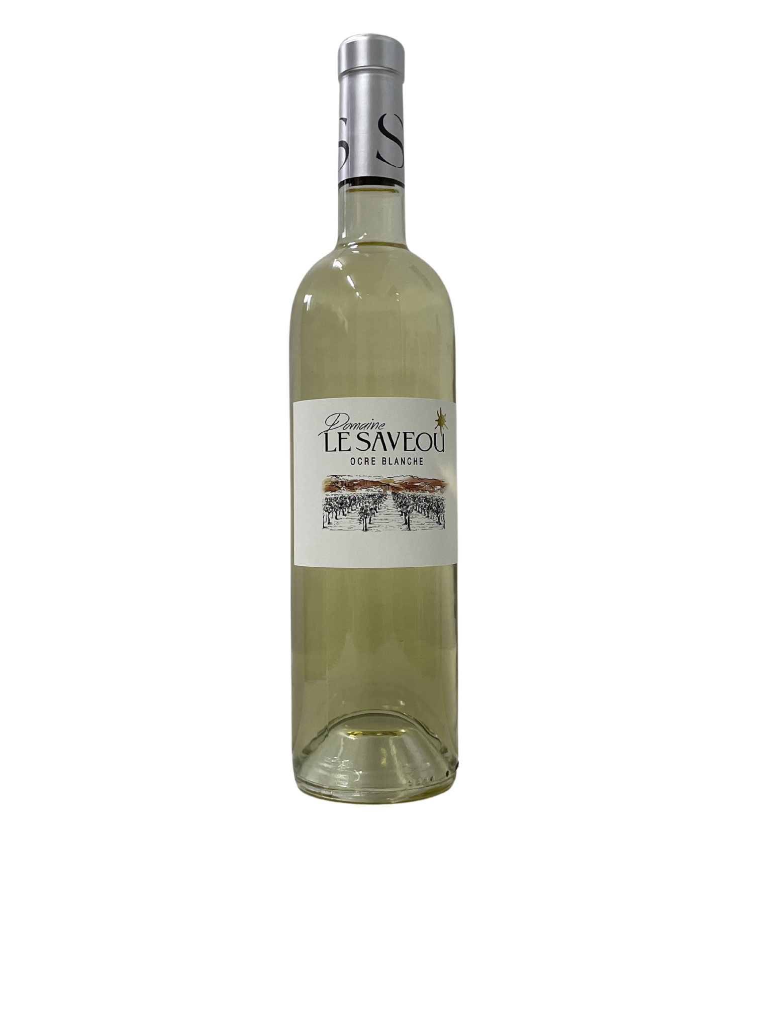 Bouteille de vin blanc Le Saveou ocre blanche sur fond neutre